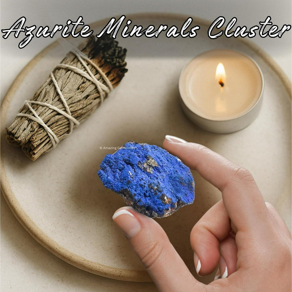 Azurite Crystals and Healing Stones Mineral Specimen - Premium Semi Precious Gem Stones for Spiritual Growth - Healing Geode Cluster for Meditation